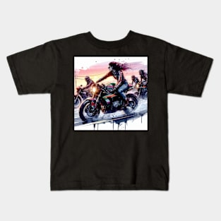 Artistic impression of a girl riding a motorcycle Kids T-Shirt